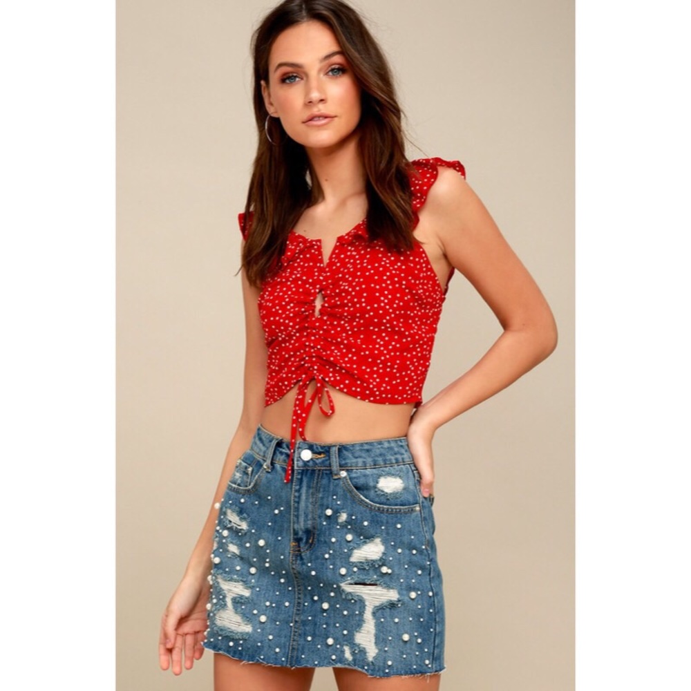 Pearl Embellished Distressed Denim Mini Skirt - Picture 2 of 6